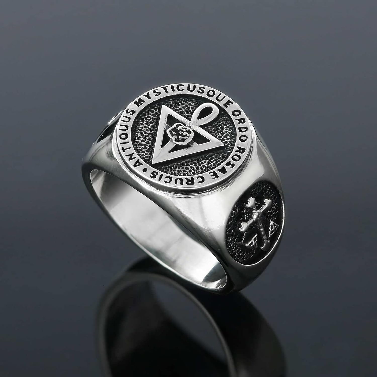 Antiquus Mysticusque Ordo Rosae Crucis Signet Ring, Sterling Silver, Gold Plated, Rhodium Plated, 16 x 16mm, Men's Masonic Ring
