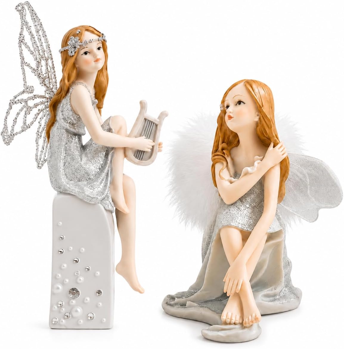 Comfy Hour Silver Fairy Figurine Bundle, Seated Winged Lady and Lyre Pedestal Statues, 4.53 x 3.0 x 5.3 in and 3.54 x 1.9 x 8.0 in
