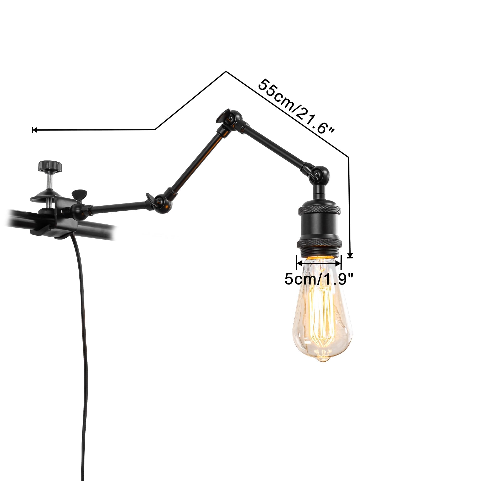 Schreibtischlampe mit Kabelschalter, Schwenkbar, Klemmlampe mit Schwenkarm und E27 Fassung für Bett und Schreibtisch, Klemmleuchte aus Metall in Schwarz,BD2795-HX