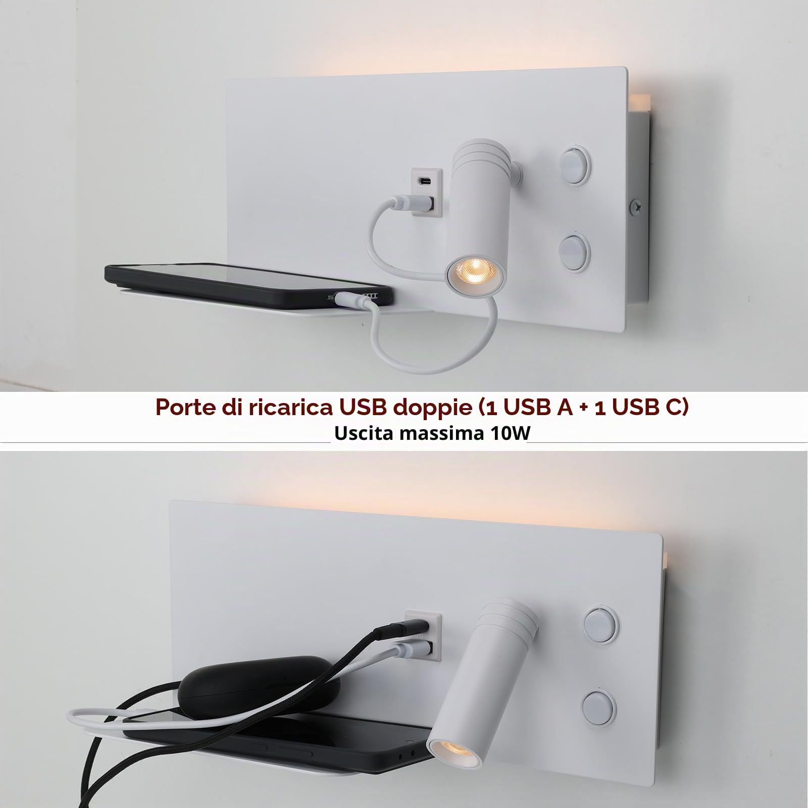 Alpinaluz Applique da Parete LED Bianco con Faretto Destro Orientabile per Camera da Letto Testiera, Luce Ambientale 2700K, Ricarica USB-C + USB-A, Mensola Metallica e Interruttori Indipendenti