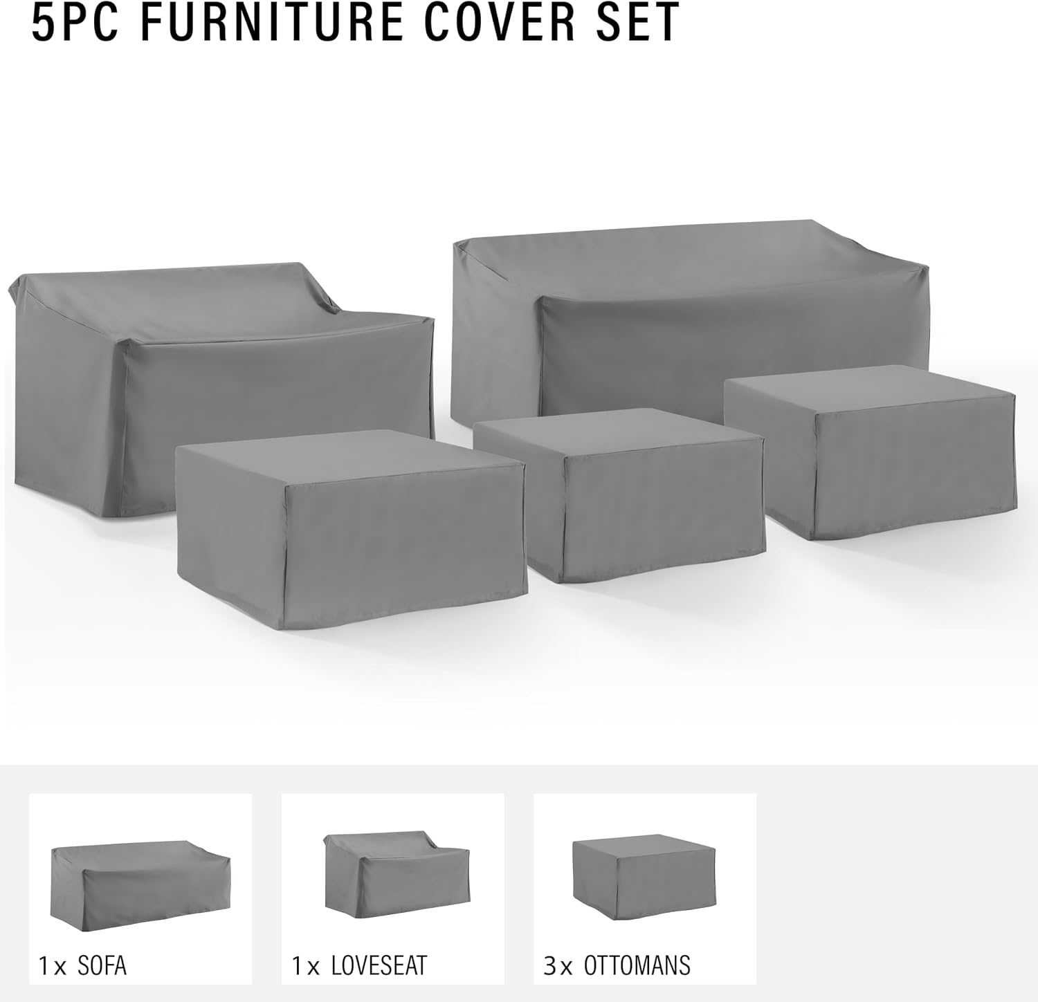 Crosley Furniture Patio Furniture Covers, Waterproof 5-Piece Cover Set for Outdoor Sectional Sofa Sets, Gray