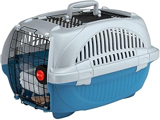 Ferplast Transportbox für Haustiere Hundebox für kleine Hunde und Katzen Atlas Deluxe 10 Open, Transportbox für Haustiere, Vorder-Obentür, Kissen und Napf inklusive 34 x 51 x 30 cm, blau