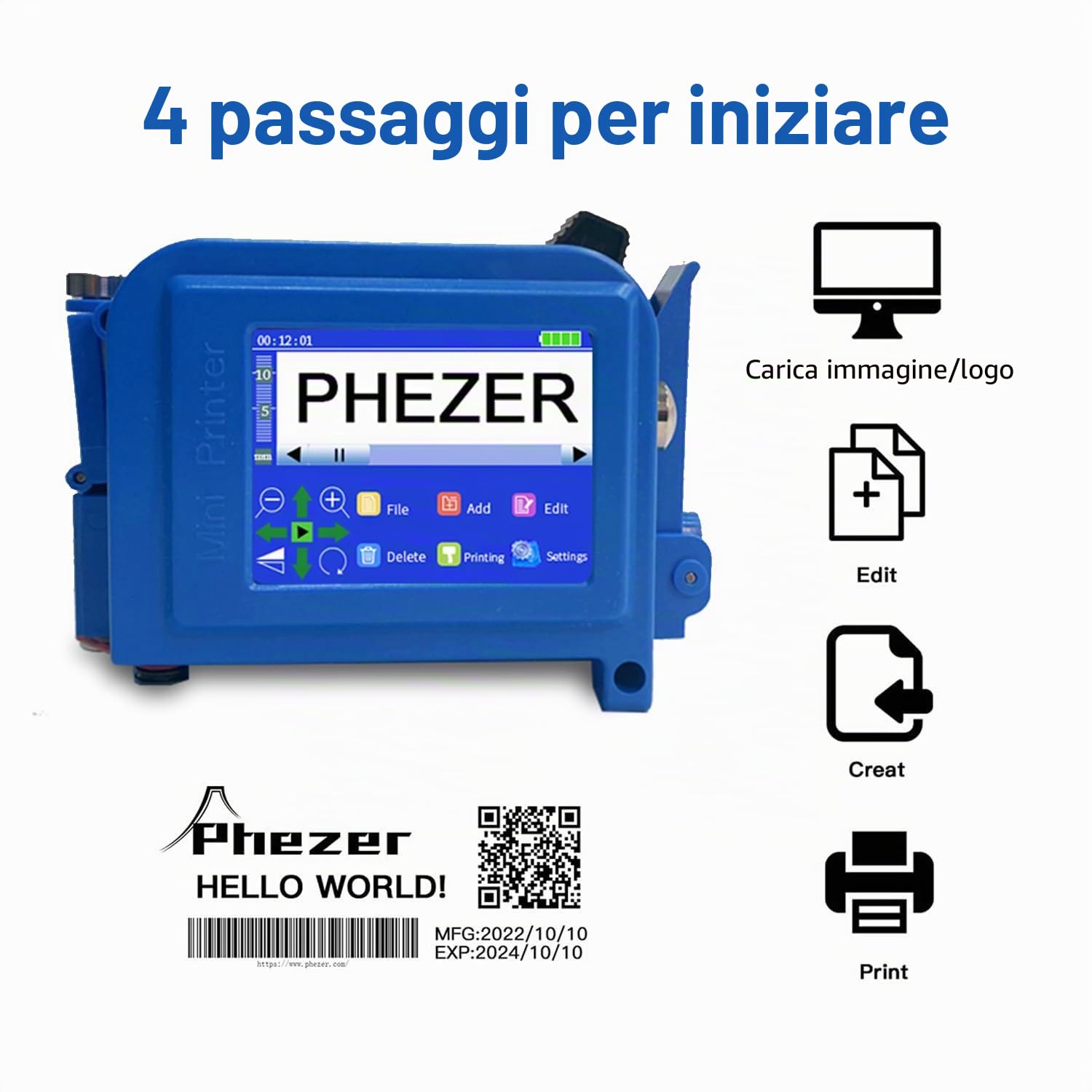 Phezer Mini stampante a getto d'inchiostro aggiornata per tutti i materiali PC11 Plus, 25 lingue e cartuccia d'inchiostro ad asciugatura rapida, dispositivo di marcatura tascabile portatile per data e