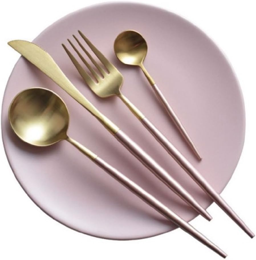 Home Dinner Flatware Cutlery Set of 4 Pcs, Dinner Spoon + Dinner Fork + Dinner Knife + Desert Spoon Tableware - Pink Champagne Gold