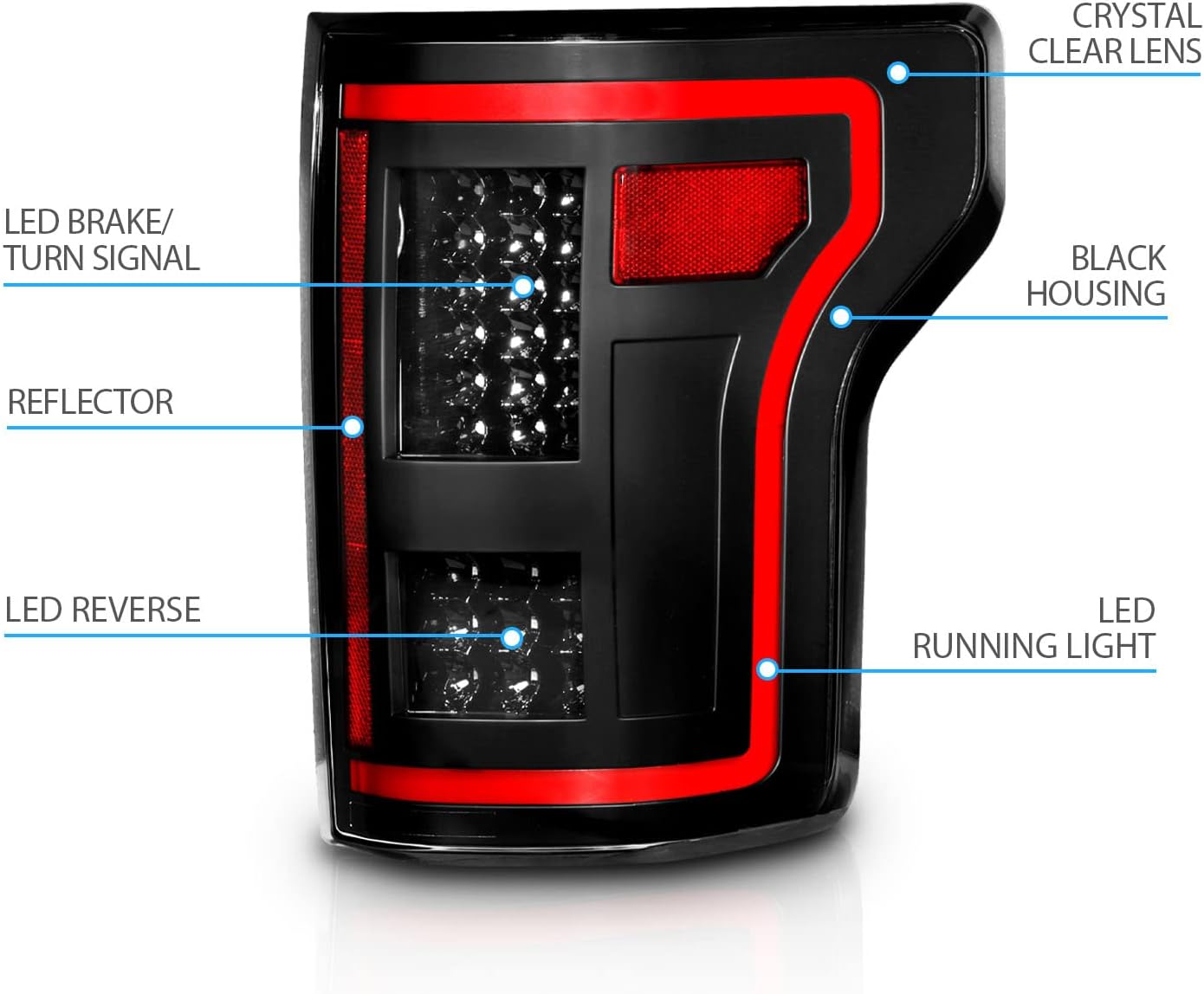 AmeriLite [Full LED Red Tube Smooth Lens Sequential Signal Black Taillights Pair for 2015-2017 Ford F150 Pickup - Passenger and Driver Side