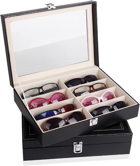 BALLSHOP Sunglasses Organizer Storage Box with Clear Glass PU Leatherette 8 Grid Sunglasses Organizer Box Organizer Eyeglass Display Organiser Eyeglasses Sunglass Storage Case Box for Women & Men