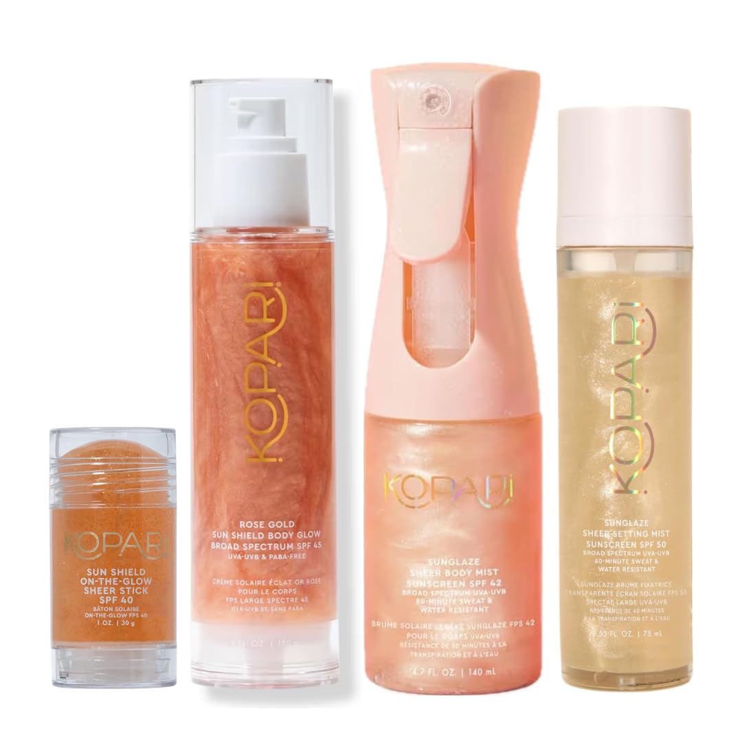 Kopari Summer Shield SPF Vault - Includes Rose Gold Sun Shield Body Glow SPF 45, Rose Gold Sunglaze Sheer Body Mist SPF 42, Sunglaze Sheer Setting Mist SPF 50, Sun Shield On-The-Glow Sheer Stick SPF 4