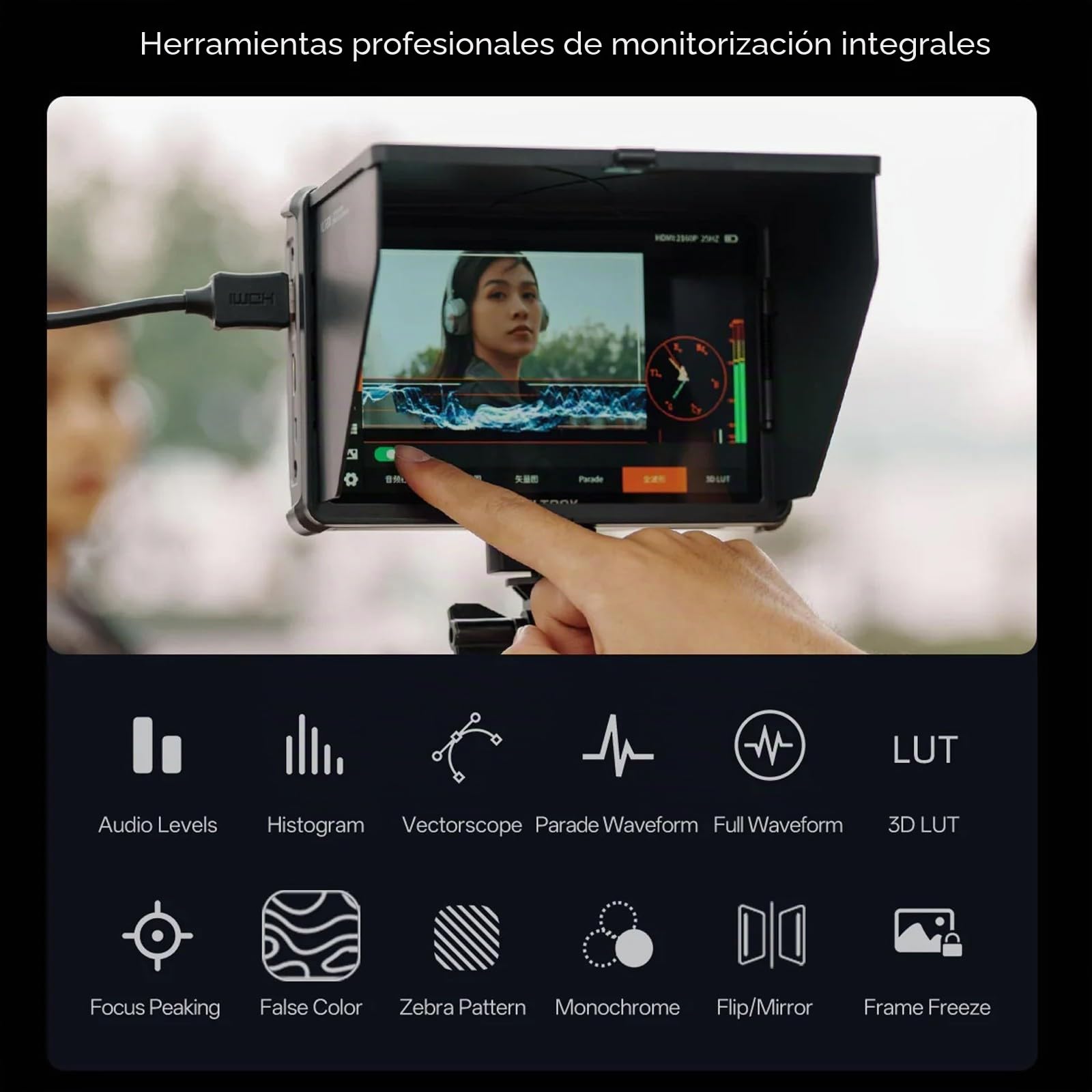 VILTROX DC-L1 7" Monitor de Campo con Pantalla táctil para cámara, Entrada/Salida HDMI 4K 60 Hz, Brillo de 600 nits, resolución 1280x800 con LUT 3D,Parasol y batería, peaking, Falso Color