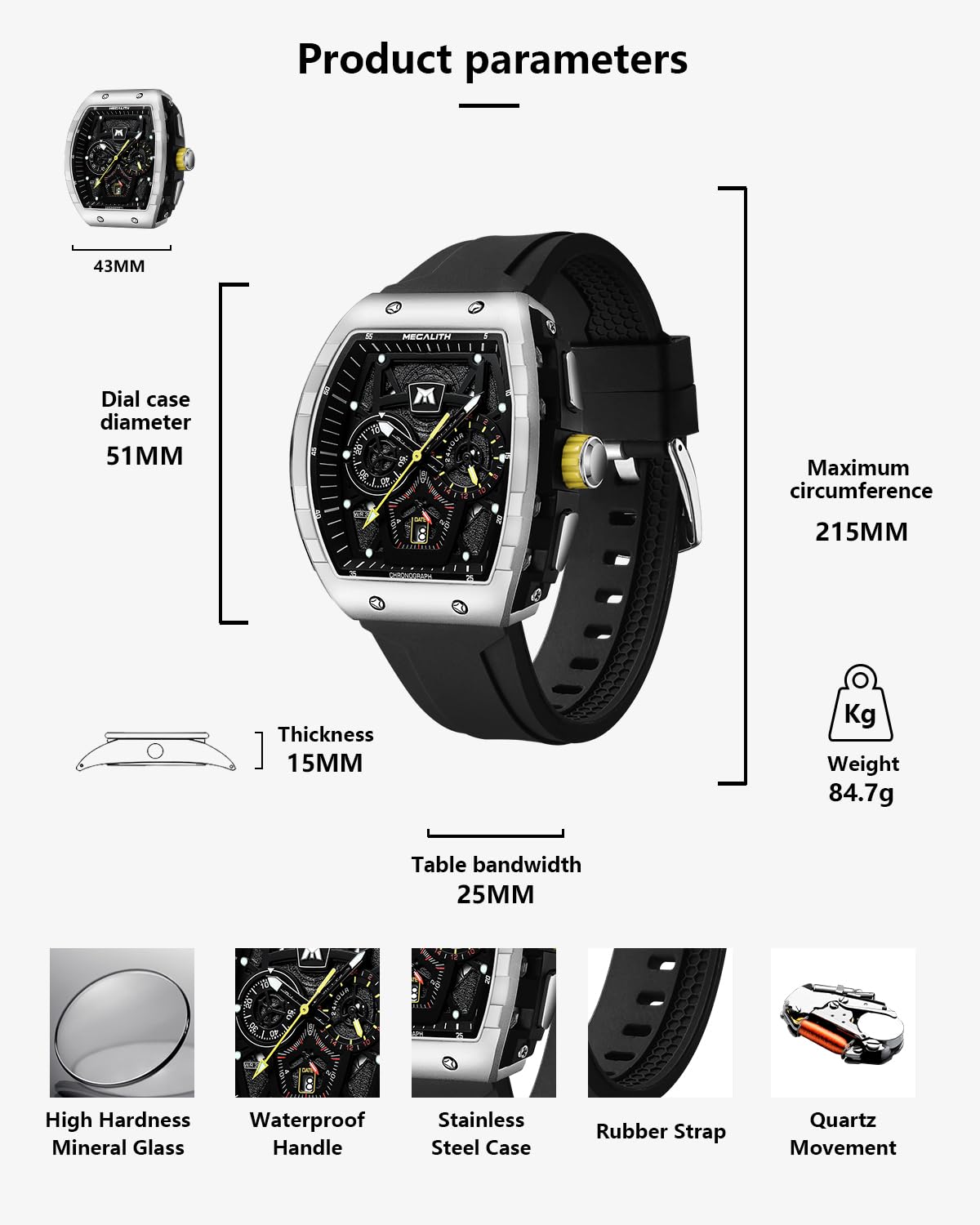 MEGALITH Męskie zegarki sportowe chronograf wodoodporny zegarek na rękę męski analogowy kwarcowy zegarki gumowe z datownikiem świecące, modne zegarki sportowe wojskowy prezent dla mężczyzn