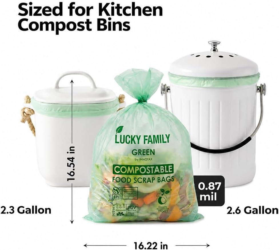 Compostable Trash Bags for Kitchen Compost Bins – 2.6 Gallon Compost Bags for Countertop Bin, Green Compostable Bags, BPI Certified ASTM D6400, Leak-Resistant Food Waste Bags (50 Count)