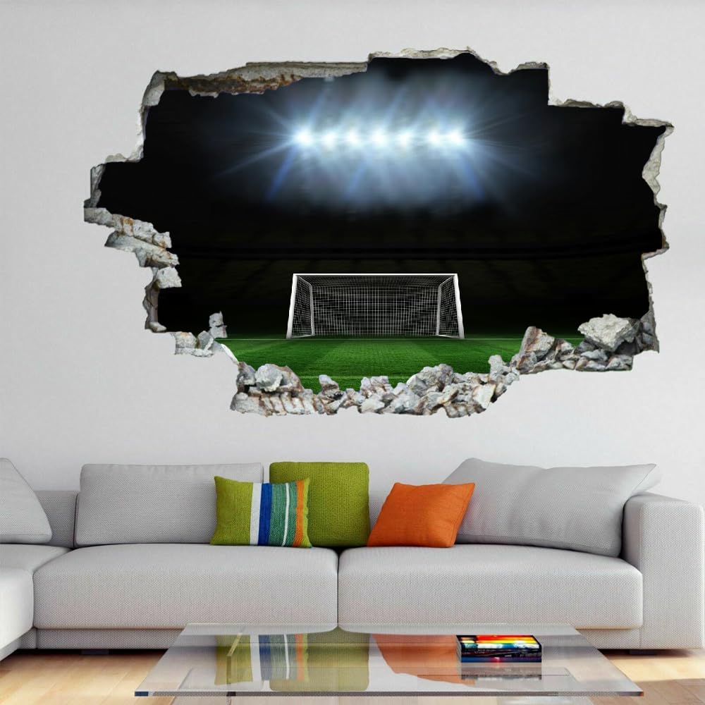Adesivi Murali Murales Fracassati 3D Campo Da Calcio Decalcomanie Per Pavimenti In Impermeabile Art Gli Sport Per La Camera Da Letto, La Decorazione Della Parete Della Scuola Materna 120x80cm