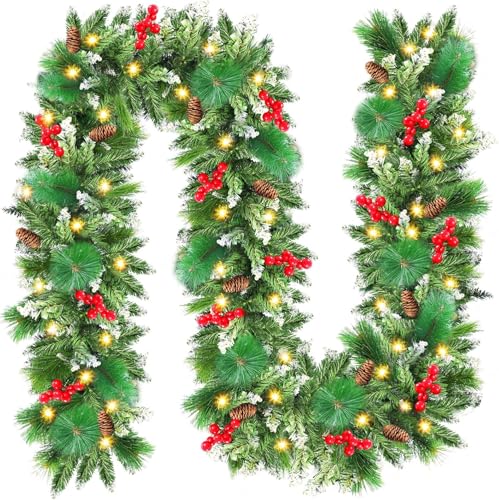 CHOIGN Guirlande de Noël 2,7 M, Guirlande Sapin Artificiel avec Lumières LED, Couronne de Noël, Decoration de Noël pour Mur, Cheminée,...