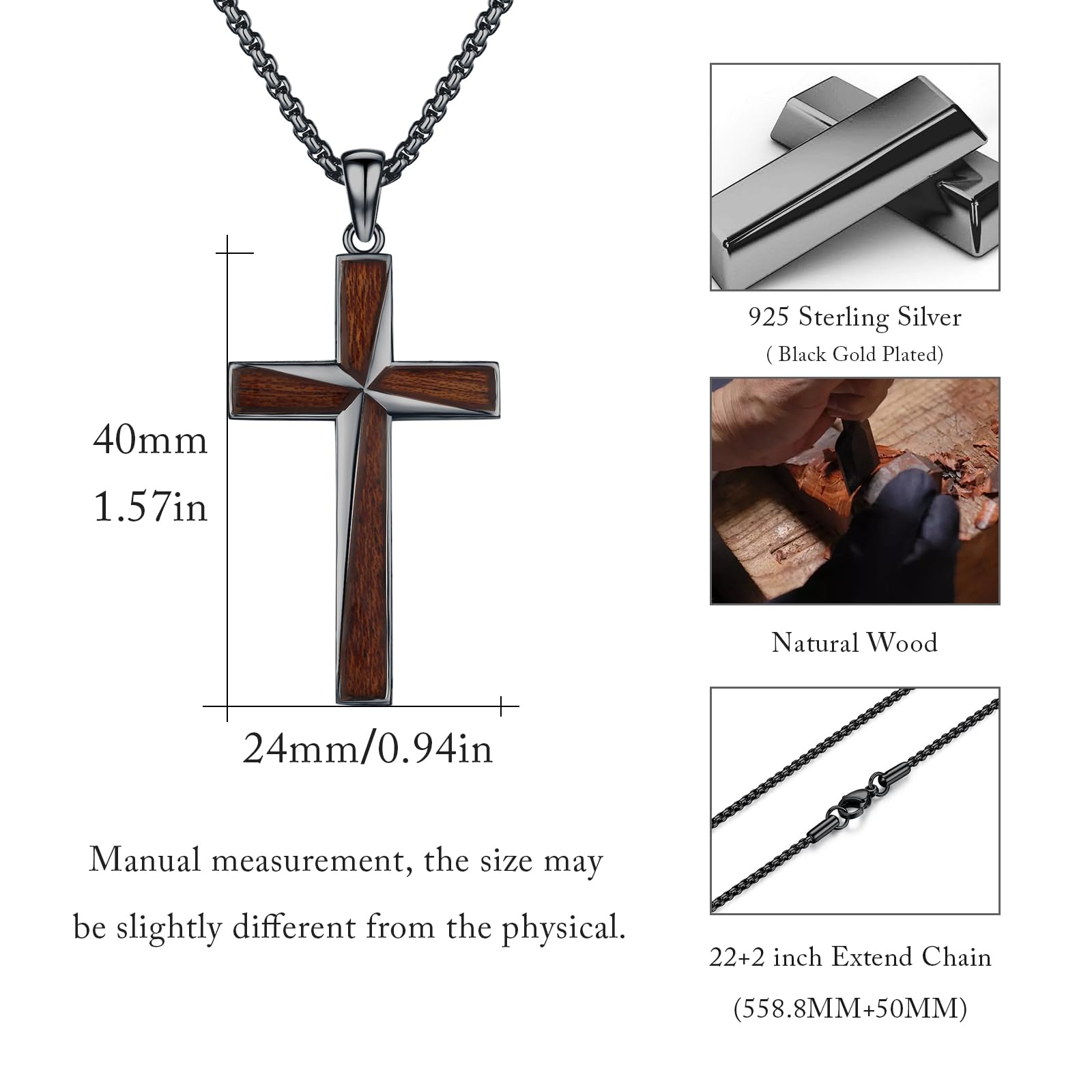 REDSUN Collana in argento Sterling S925 con ciondolo a forma di croce in ebano, amuleto protettivo, gioiello per uomini e donne, catena in acciaio inox da 56 cm + 5 cm, 40*24mm, Argento sterling