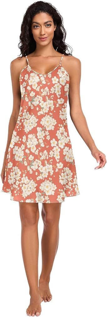 FRODOTGV Womens Satin Nigthtgown Sexy V Neck Lingerie Night Shirt White Cherry Blossoms Soft Pajama Dress for Women S