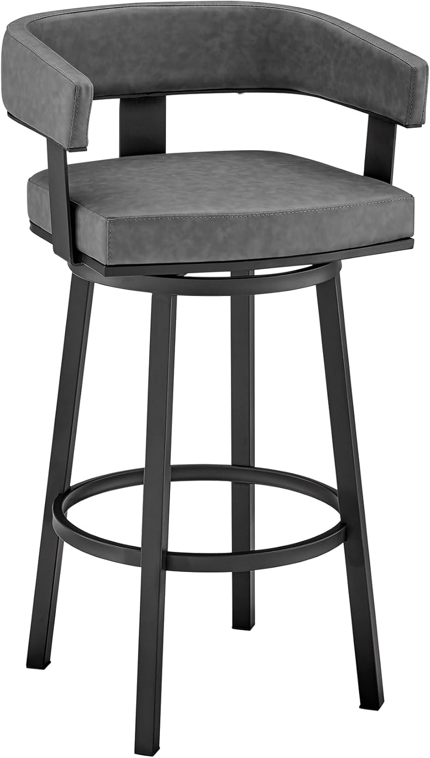 Armen Living Lorin Modern 26" Seat Height Gray Faux Leather and Black Stainless Steel Metal Swivel Bar Stool for Kitchen Island Counter