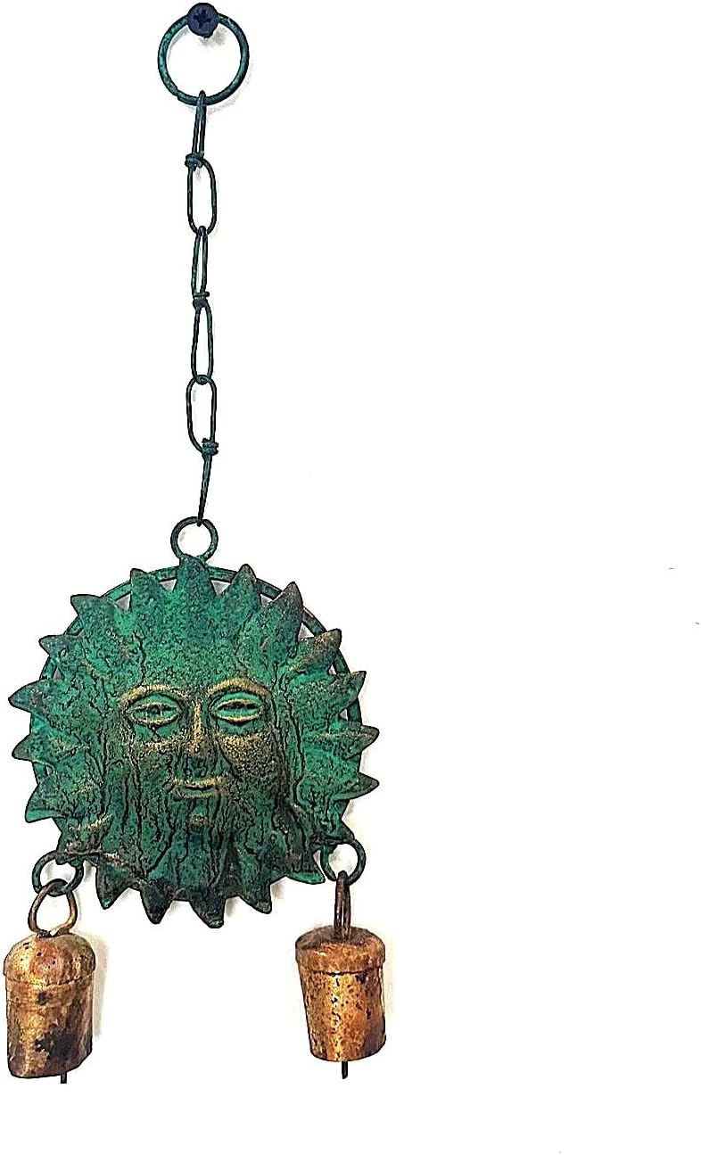 Metal Sun Wind Chime with Cow Bells – 12.6" x 4.6", Green Patina & Copper Finish, Celestial Garden Decor for Patio, Porch, or Balcony