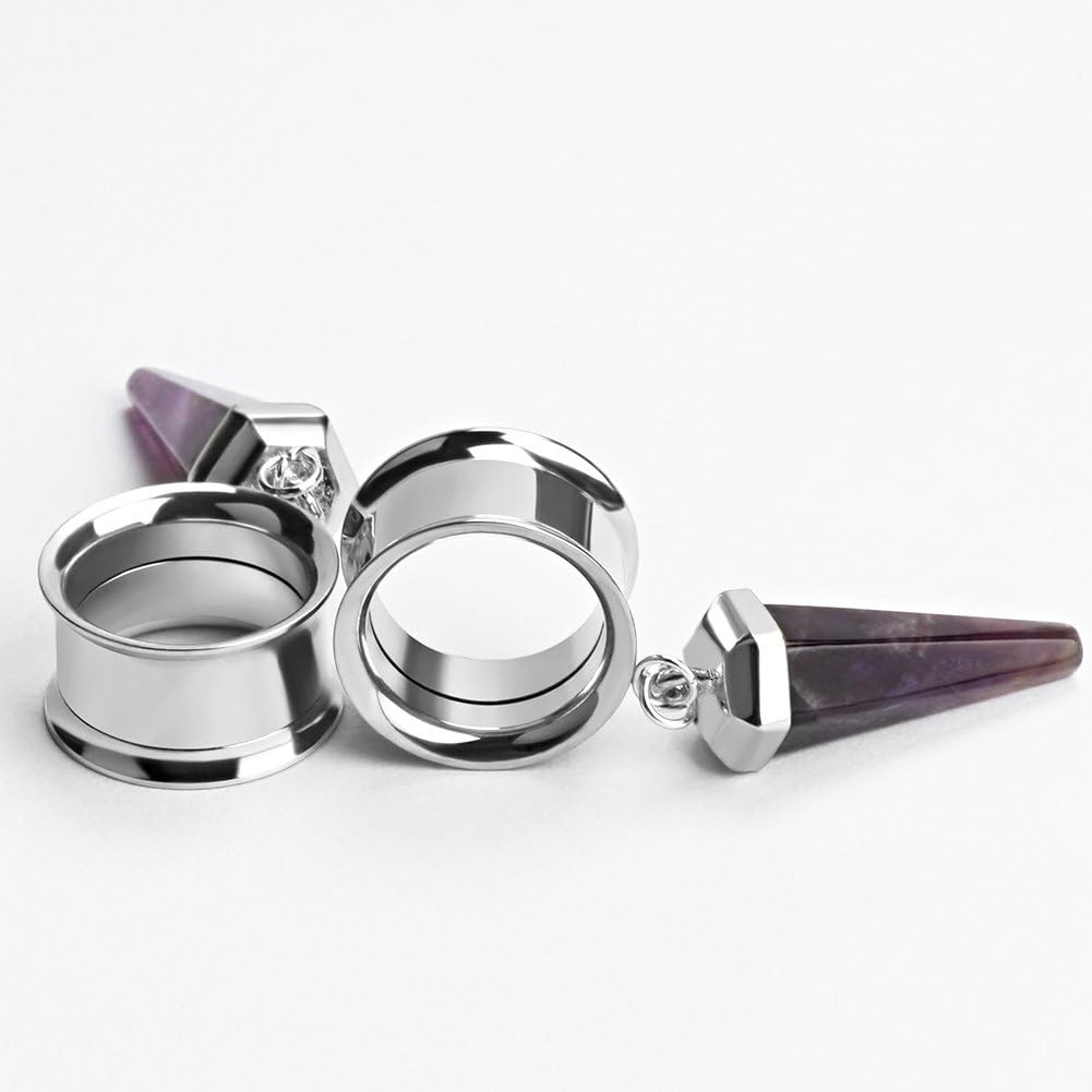 KUBOOZ(1 Pair Amethyst-Stone Pendant Stainless Steel Ear Plugs Tunnels Gauges Stretcher Piercings.