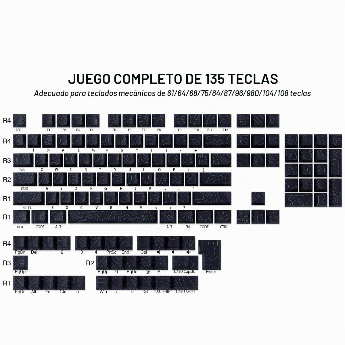 Sunzit Juego de teclas personalizadas de 135 teclas PBT, teclas topográficas de perfil de cereza para interruptores Cherry MX ISO/ANSI UK Layout mecánico