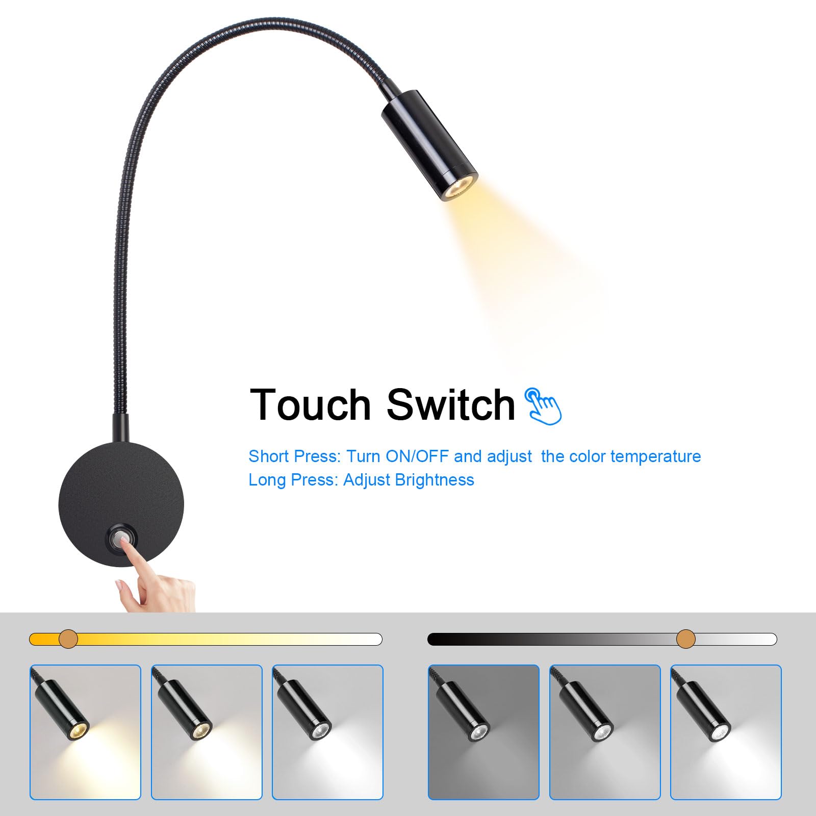 ERWEY 2Pcs Reading Lamp Wall Mounted, LED Bedside Light with Switch Touch Dimmable and USB Charging Port - Image 2