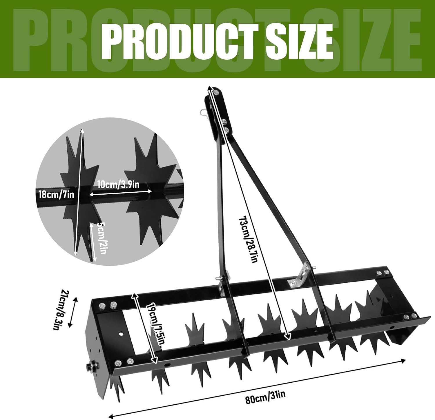 35 Inch Tow Behind Aerator, Heavy Duty Aerator Lawn Soil Penetrator Spikes with 8 Spikes, Manual Lawn Aerator Tool for Lawn,Yard and Garden, Black