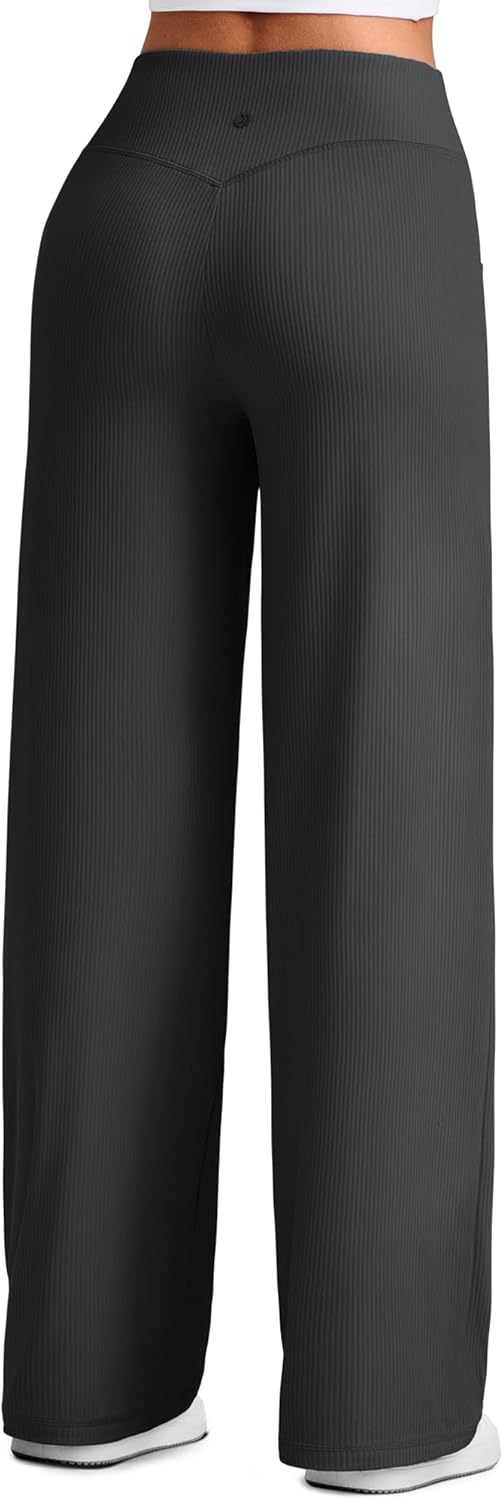 G4Free Ribbed Wide Leg Pants Women Breathable Stretchy Lightweight Cross Waist Yoga Pants with Pockets - Image 4