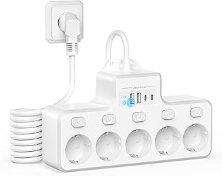 Steckdosenleiste mit Überspannungsschutz, 5-Fach & einzeln schaltbar, mit 2 USB-A und 2 USB-C – für Wandmontage in Küche, Büro, Wohnzimmer, 1,8 m Kabel, 4000 W / 16 A