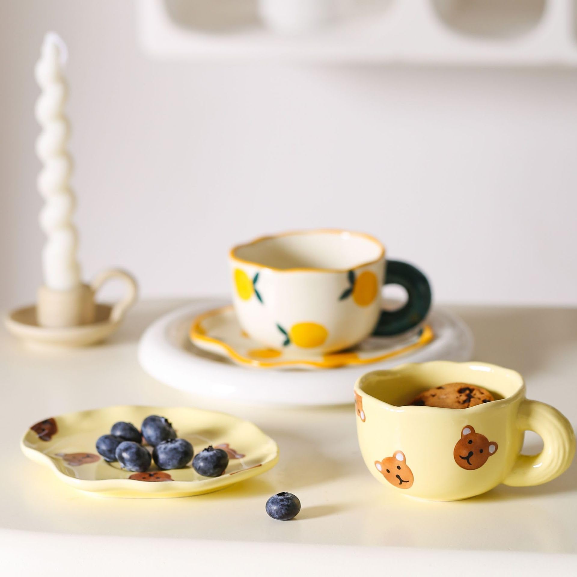 Soulnioi Ceramic Coffee Mug, Cute Cappuccino Cup and Saucer Set, 180ML Handpainting Tea Cup Milk Cup for Gift - White Orange - Image 3