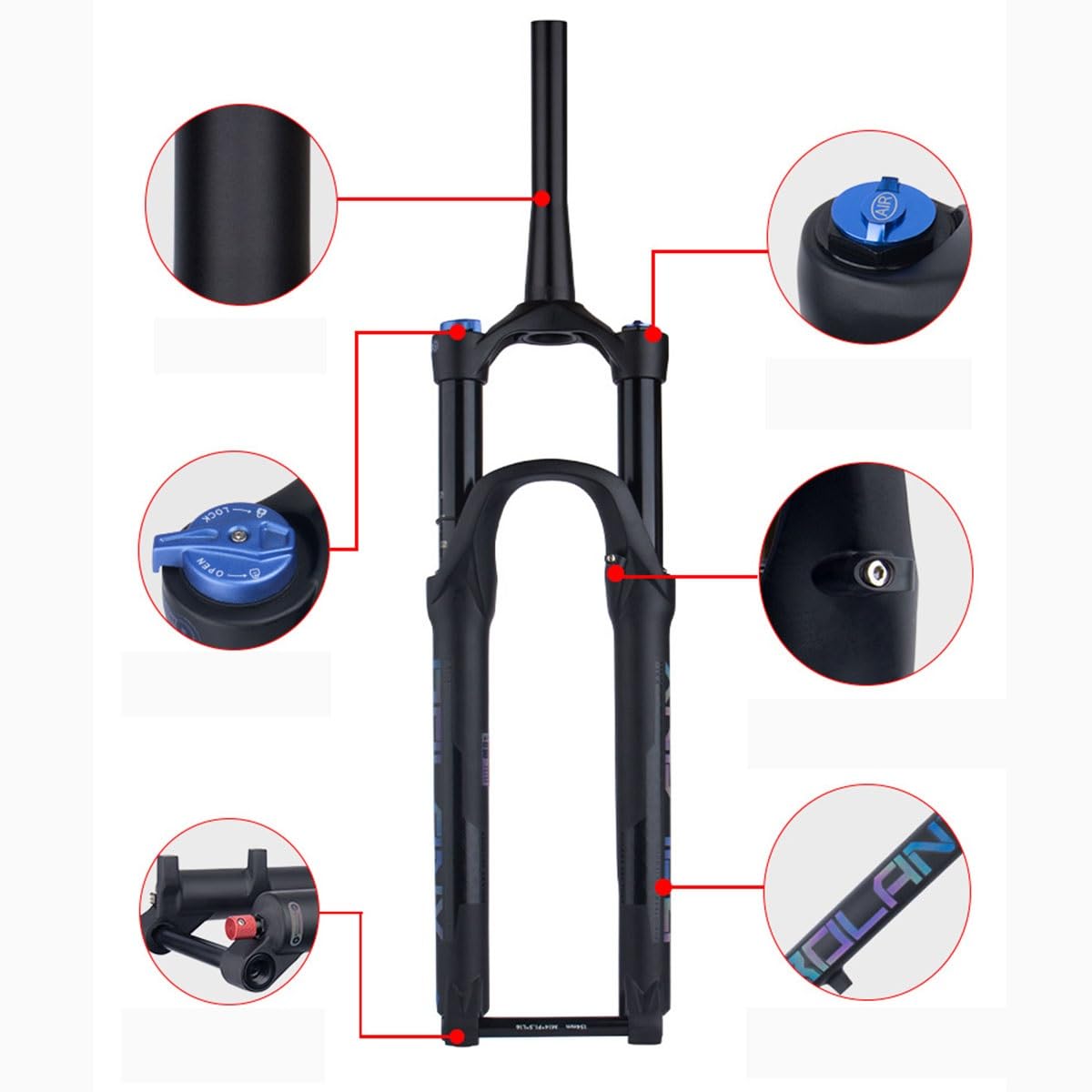 Fourche Avant de vélo de Montagne à Suspension pneumatique 26/27,5/29 Pouces, réglage du Rebond, axe traversant Conique 1-1/2", débattement de 15 mm, Frein à Disque 120 mm (Couleur