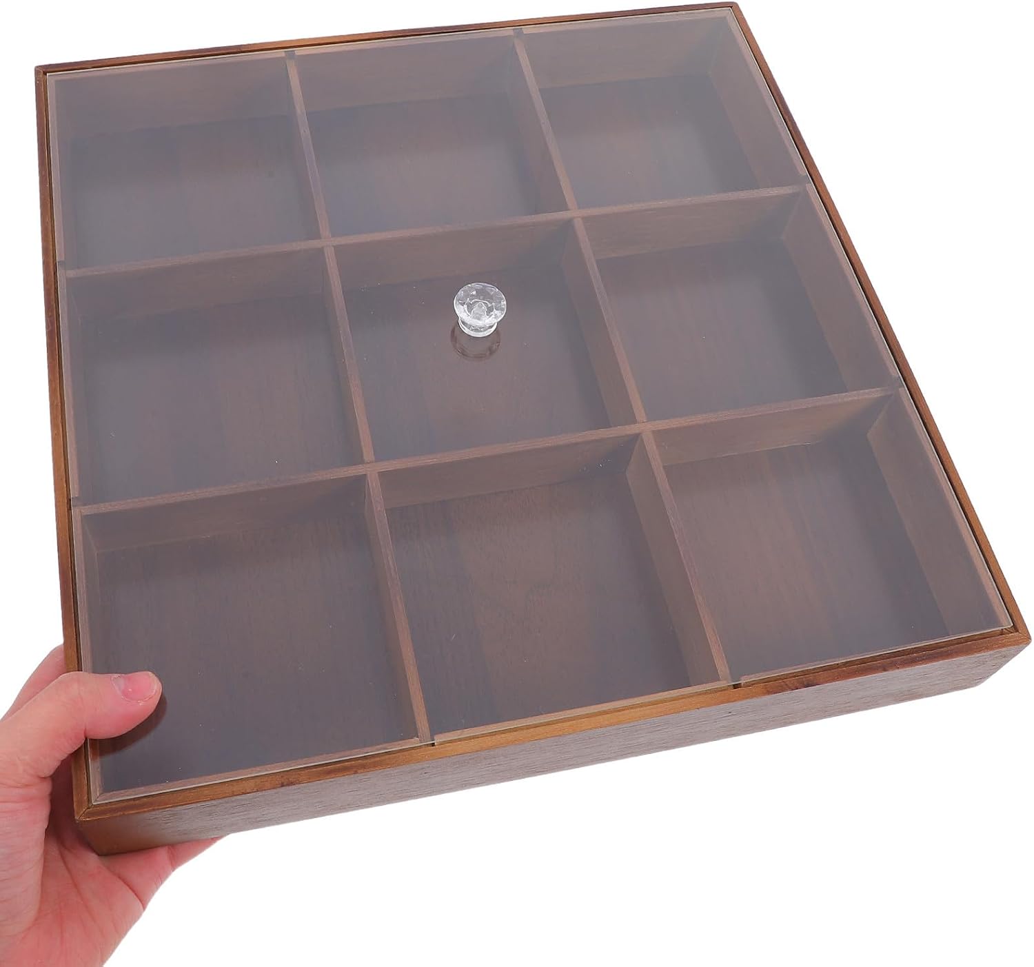 Cabilock Wooden Tea Storage Box with 9 Compartments and Acrylic Lid Elegant Tea Bag Organizer for Kitchen Countertop Organization and Office Sharing and Dried Fruits Fresh