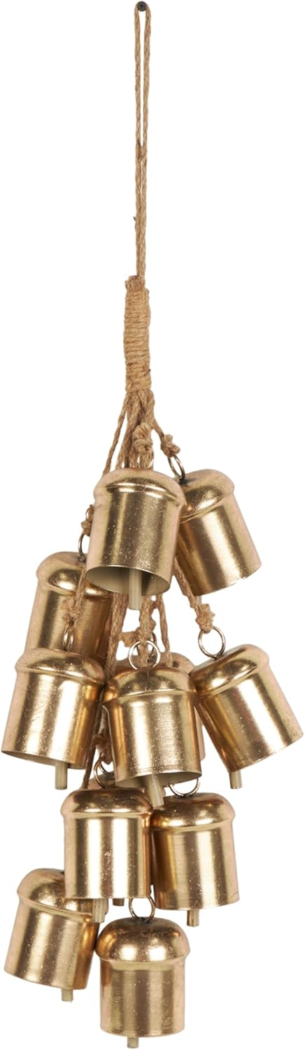 Deco 79 Metal Indoor Outdoor Decorative Bells Cluster Meditation Bell with Jute Hanging Rope, Cow Bell 9" x 9" x 25", Gold