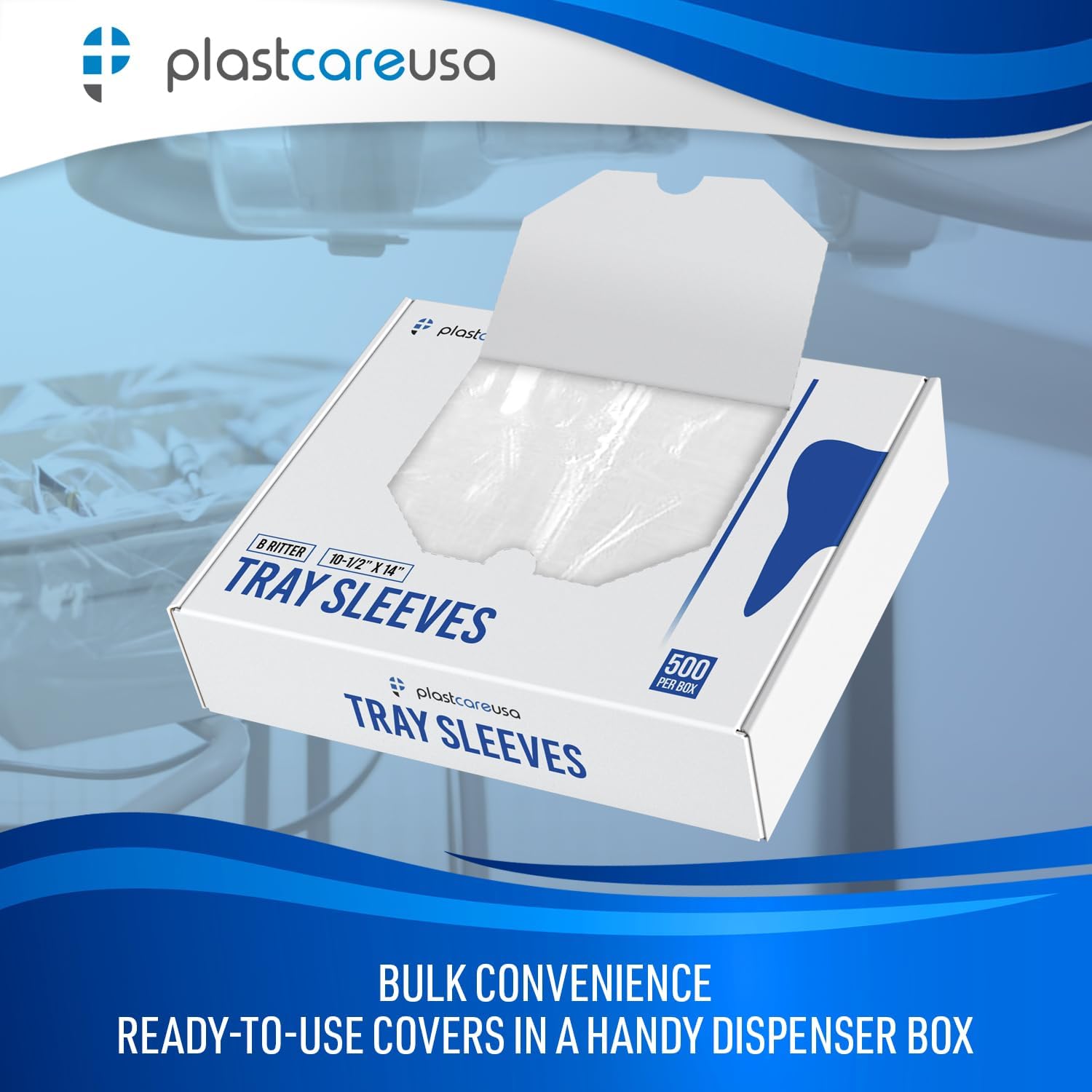 500 PlastCare USA Clear Dental Tray Covers, 10 1/2" x 14" - Fits Ritter Size B Trays - Disposable Plastic Sleeves for Medical, Tattoo & Microblading (1 Box of 500)