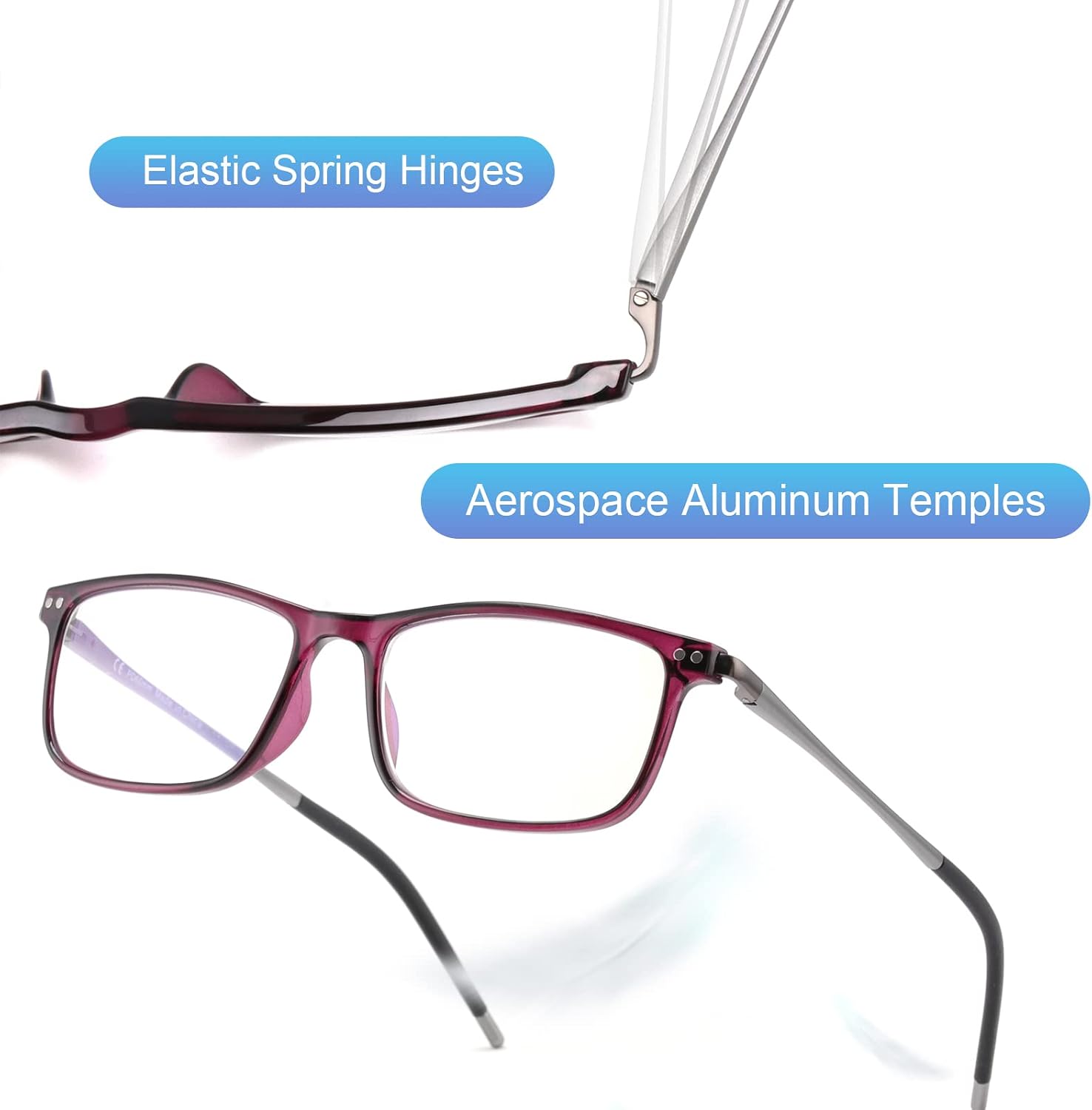 Superior Extremely Light Progressive Multifocus Reading Glasses Men Aluminum Arm TR90 Frame Blue Light Blocking Multifocal Computer Readers Spring Hinge No Line (for Mid-Near Range 3ft)+1.5 purple