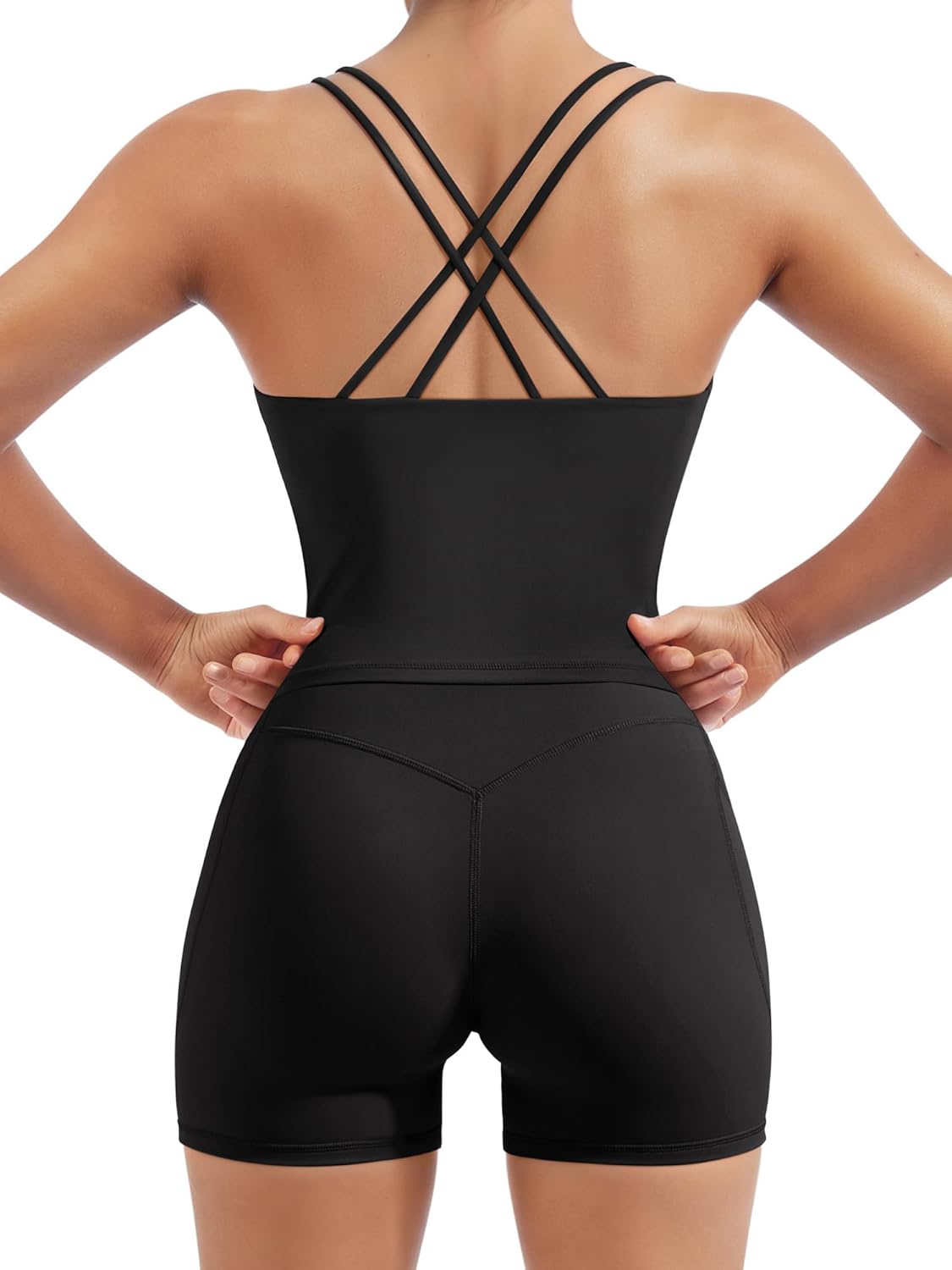 SUUKSESS Women 2 Piece Workout Sets Built in Bra Open Back Tank Tops High Waisted Biker Shorts with Pockets