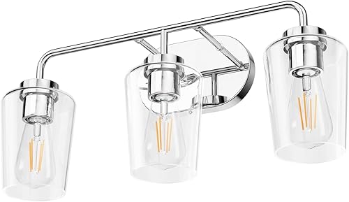 Miniatura 7 de Tipace Moderna iluminación de tocador de baño, 3 luces, de acero inoxidable industrial, acabado cromado con luces de tocador de vidrio transparente,