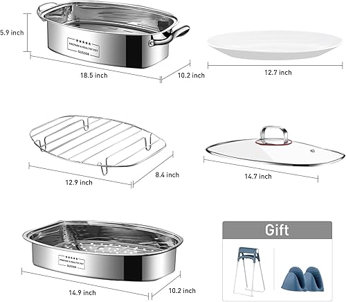 Miniatura 10 de Eglaf Vaporizador de pescado de acero inoxidable de 8 cuartos  Utensilios de cocina ovalados multiusos con estante, sartén de cerámica, mandril