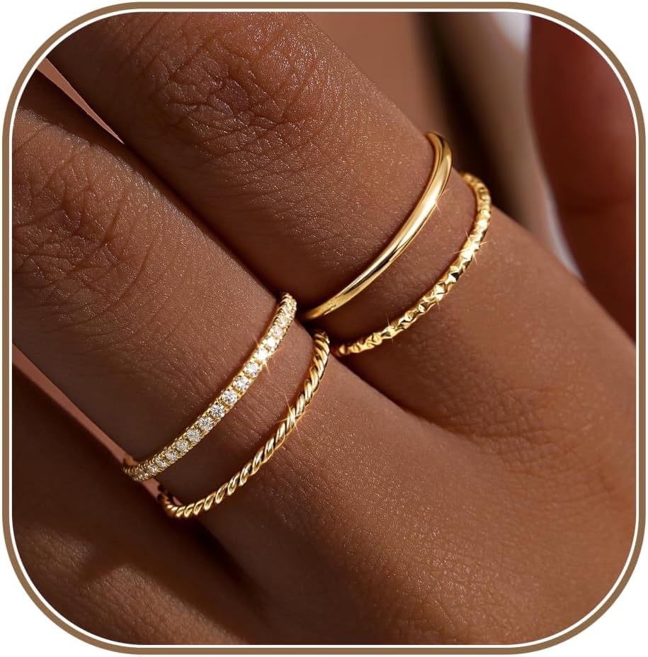 Dainty Stackable Gold Rings for Women Non Tarnish, Stacking 14K Gold Plated CZ Wedding Bands Ring Set, Waterproof Simple Trendy Minimalist Engagement Promise Thumb Pinky Thin Ring Size 5 6 7 8 9 10 11
