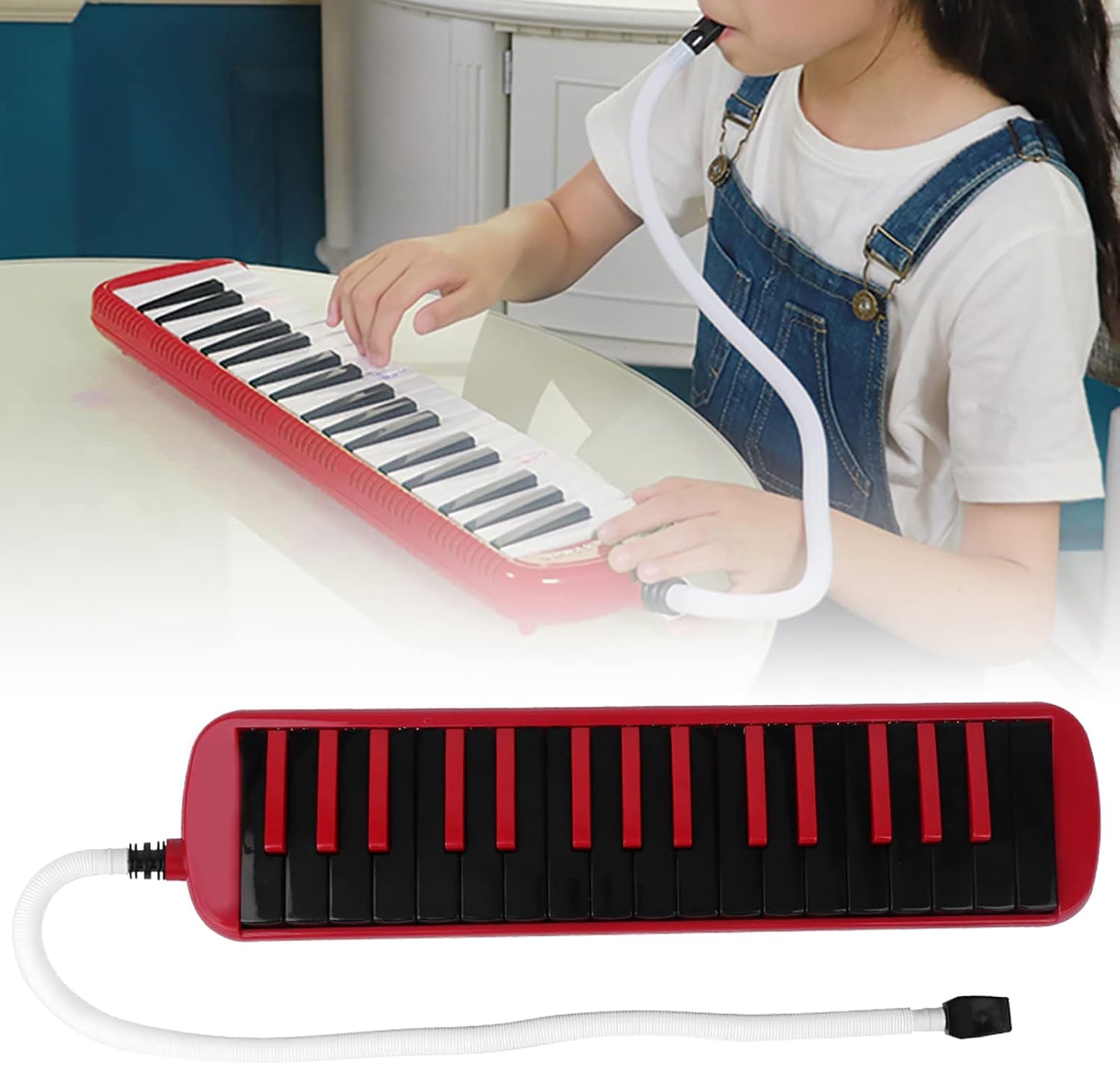 32 Key Melodica for Beginners, Ergonomic Wind Instrument with Built-in Keyboard, Red