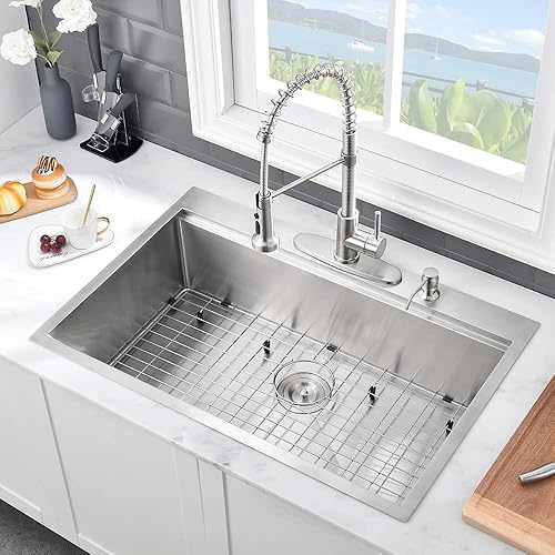 Miniatura 4 de Estación de trabajo de acero inoxidable de 33 x 22 pulgadas, fregadero de cocina de un solo tazón de 33 pulgadas con tabla de cortar