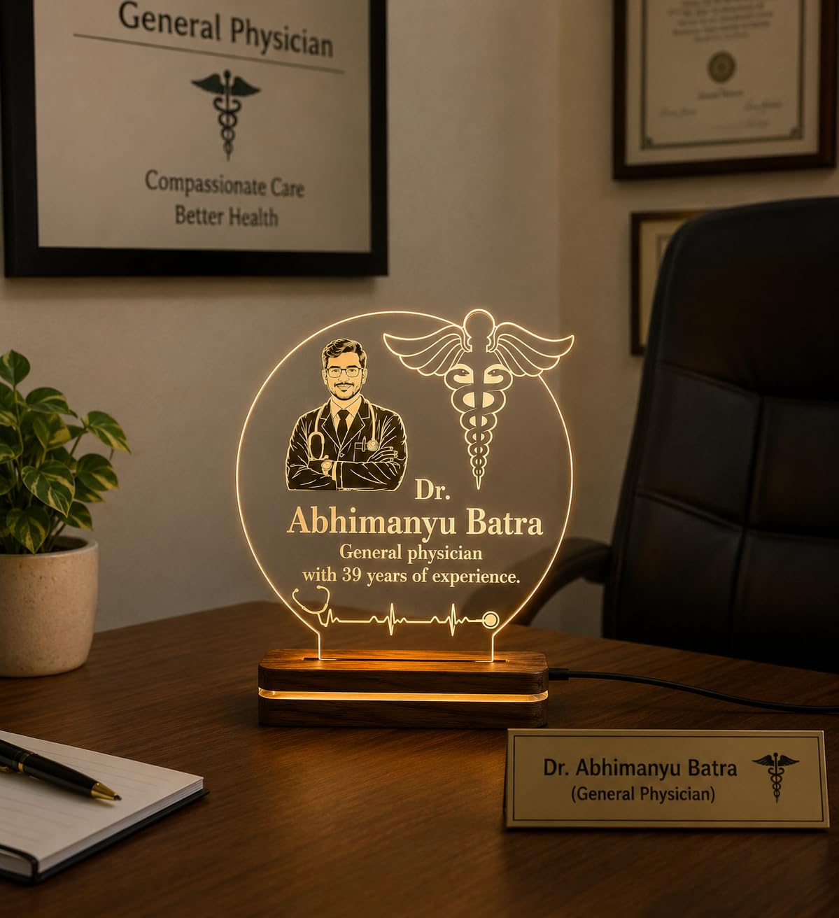 Personalised Doctor Acrylic LED Lamp with Wooden Base | Warm White LED Light, 3mm Acrylic, 17 x 17 cm Size, 5V DC Adapter Included, Custom Name Engraving-image-6