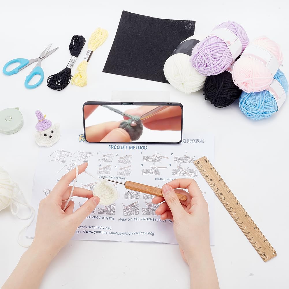 BEUNITONE Ghost Crochet Kit for Beginners 8 Set Halloween Ghost Crocheting Starter Kit Cute Ghost Prince Beginners Easy Crochet Kit Set Crochet Wobbles with Step-by-Step Instruction for DIY Craft