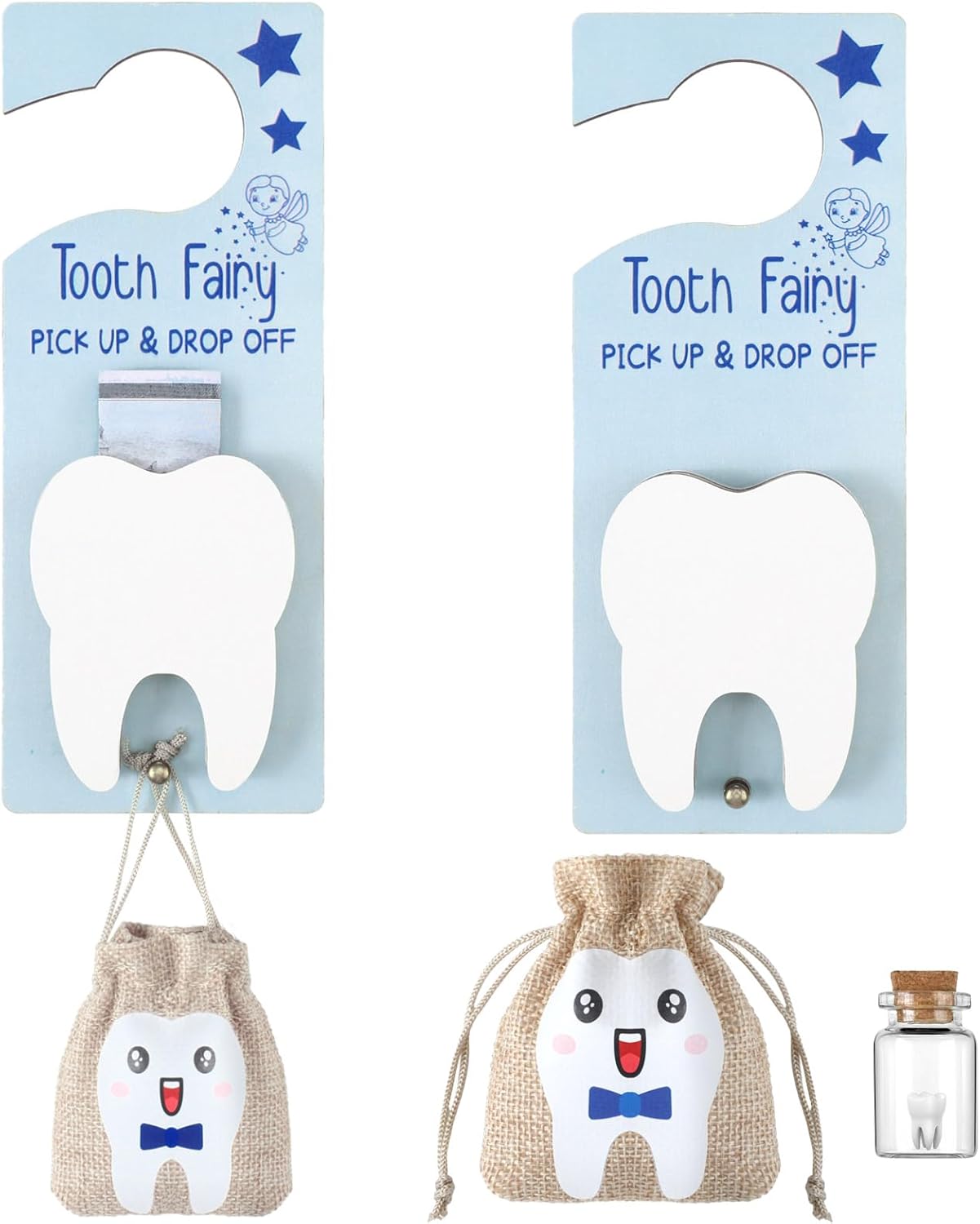 DoubleFill Tooth Fairy Gift Holder Bag Door Hanger Tooth Fairy Kit Stores Lost Teeth Keepsake Box Easter Gift World Oral Health Day Gifts for Lost Teeth Boy Girl(Classic,Blue Brown)