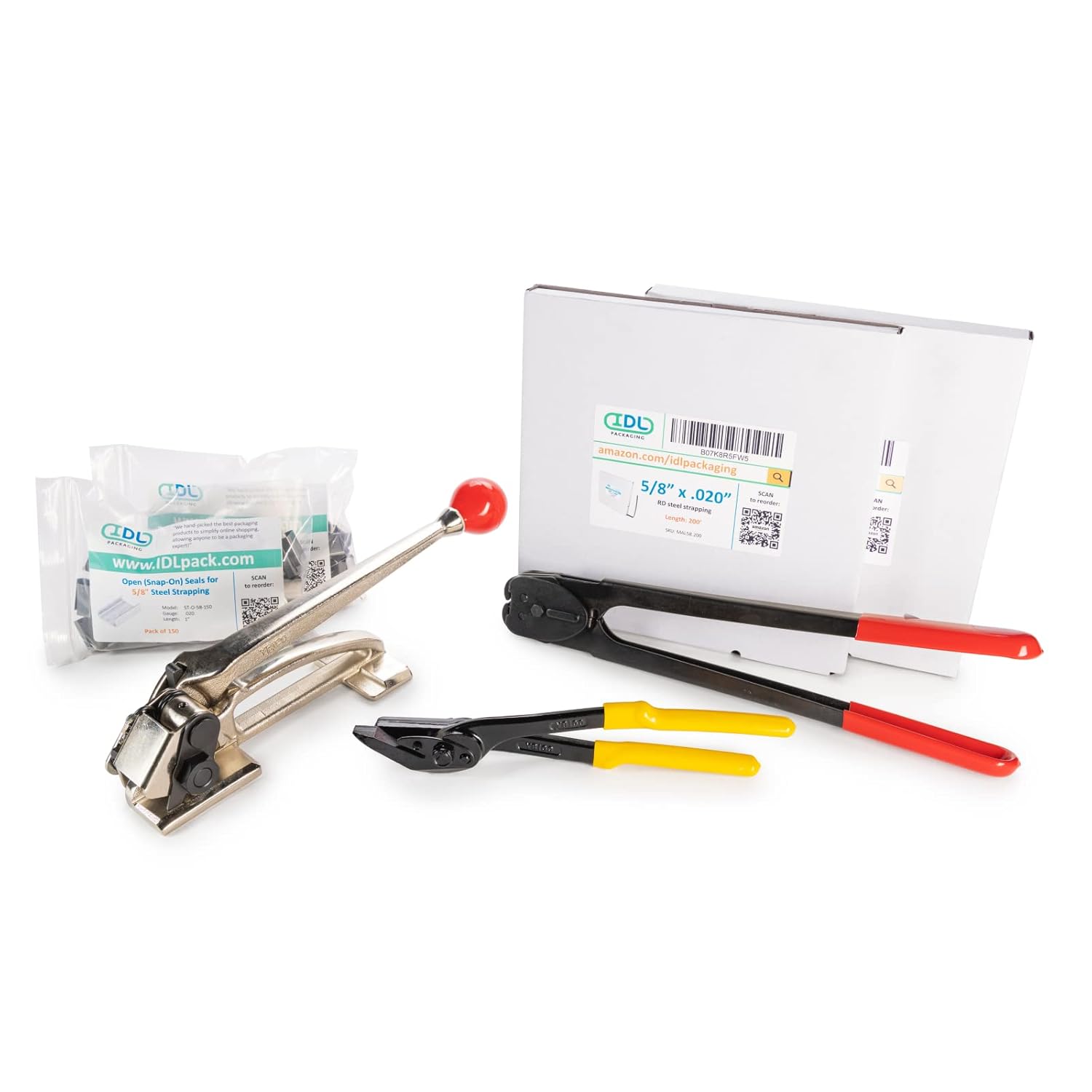 IDL Packaging PRO 5/8" x 500' Steel Strapping Kit, 1400 lbs Break Strength – Professional Grade Tools & Mini Strapping Coils – Enough Strapping and Seals for 250 Uses Before Refill