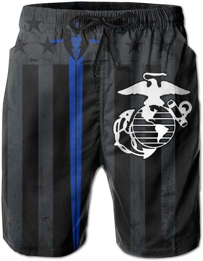 JIW Iaa Marine Corps Thin Blue Line Flag Men's Summer Casual Beach Board Shorts Breathable Surf Swim Trunks