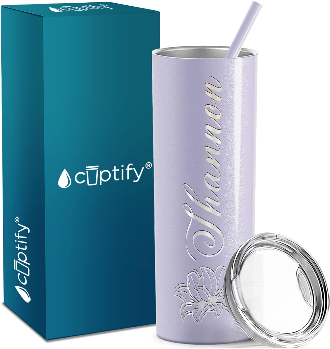 Personalized Tumblers with Straw and Lid Laser Engraved Name on Lavender Glitter 20 oz Stainless Steel Skinny Custom Cups for Women, Mothers, Sisters and Best Friends