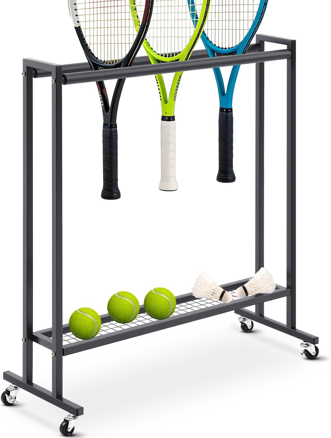 Gisafai Tennis Racket Storage Rack Large Capacity Steel Badminton Storage Organizer Holder with Wheels Tennis Racket Holder for Training Ground School Gym Club