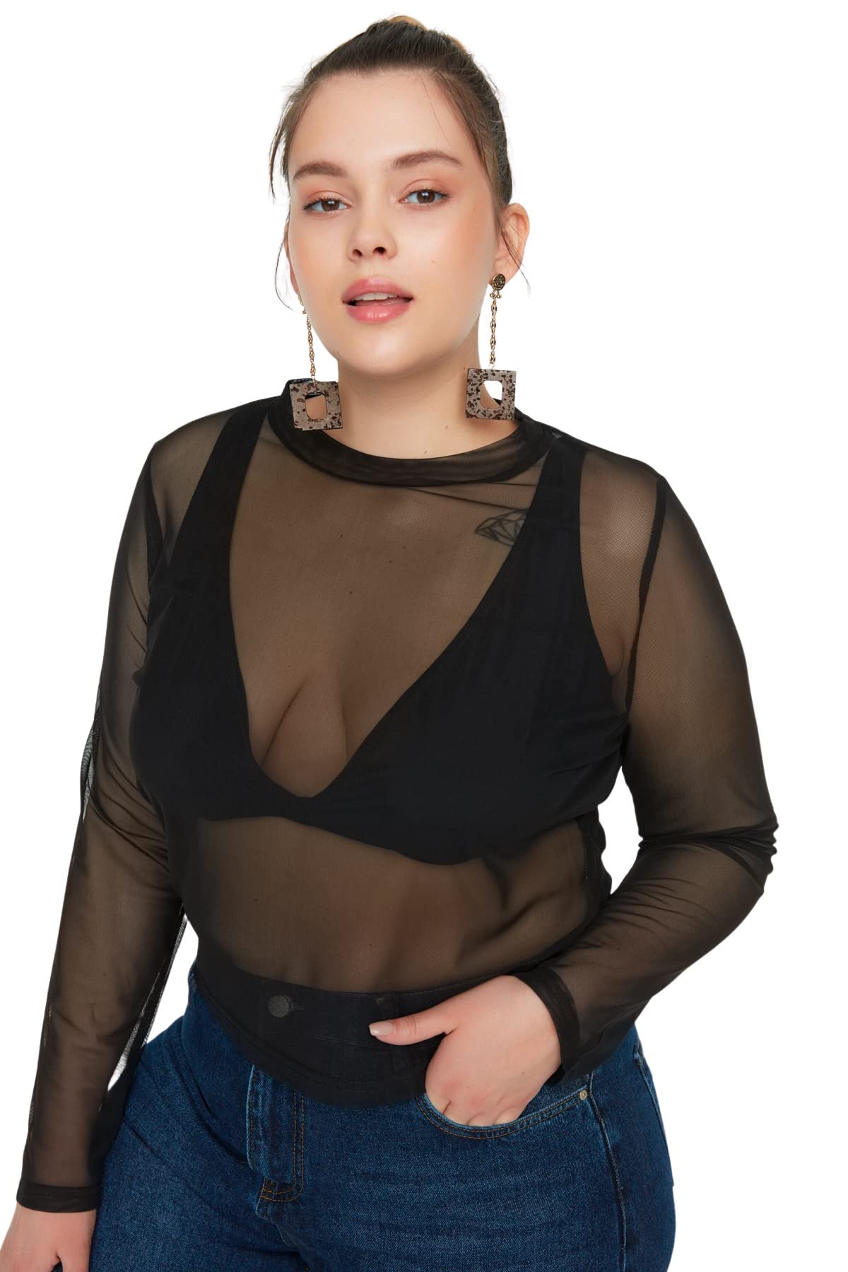 Trendyol Women Fit Crew Neck Knit Plus Size Blouse Blusa de Punto de Talla Grande con Cuello Redondo básico de Ajuste Regular para Mujer