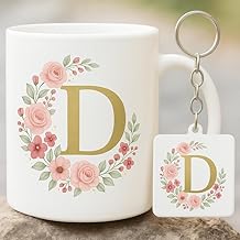 Floral Alphabet D Coffee Mug with Keychain Combo –Mug for Everyone, Girls, Friends | Ceramic Mug 350ml | Birthday, Anniversary & Return Gift