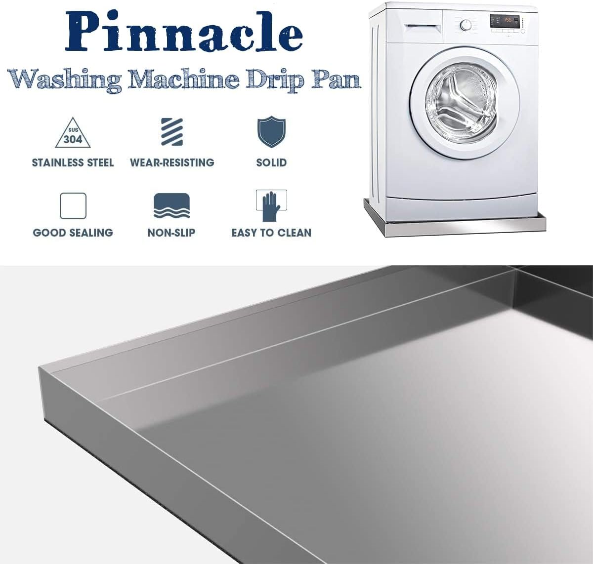 28 x 28 Stainless Steel Washing Machine Drip Pan: No-Rust Avoid Water Damage & Mold – Welded Corners Includes Drain Hole & Hose Adapter