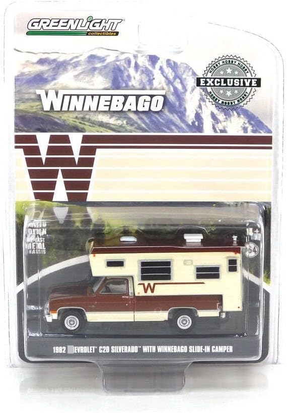 Greenlight 1:64 1982 C20 Silverado Camper Special with Winnebago Slide-in Camper - Dark Chestnut Metallic and Santa Fe Tan Deluxe Two-Tone 30407 [Shipping from Canada]