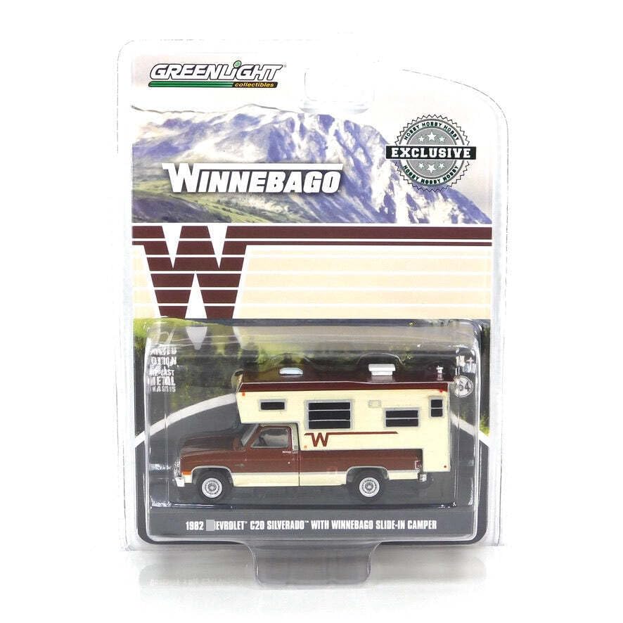 Greenlight 1:64 1982 C20 Silverado Camper Special with Winnebago Slide-in Camper - Dark Chestnut Metallic and Santa Fe Tan Deluxe Two-Tone 30407 [Shipping from Canada]